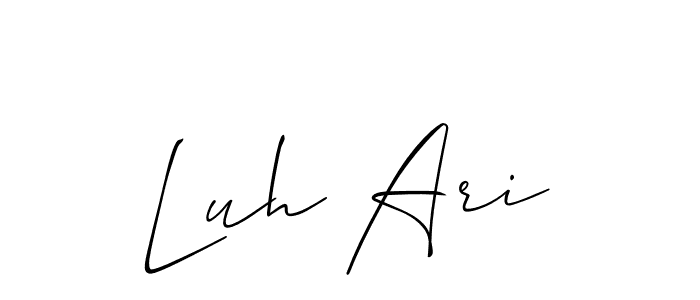 The best way (Allison_Script) to make a short signature is to pick only two or three words in your name. The name Luh Ari include a total of six letters. For converting this name. Luh Ari signature style 2 images and pictures png