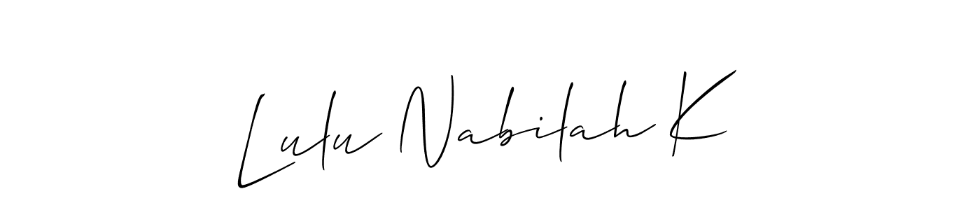 Use a signature maker to create a handwritten signature online. With this signature software, you can design (Allison_Script) your own signature for name Lulu Nabilah K. Lulu Nabilah K signature style 2 images and pictures png