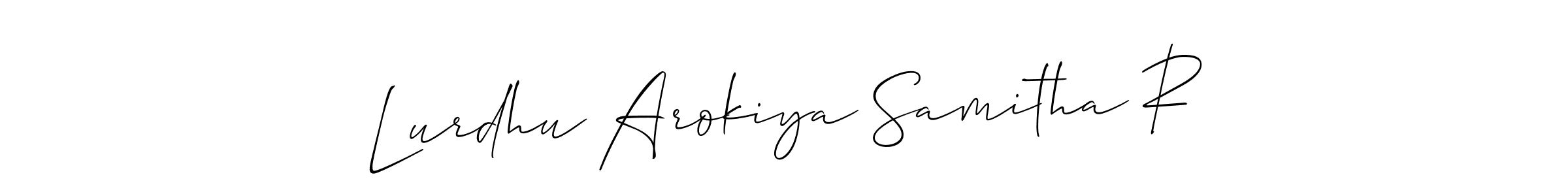 You should practise on your own different ways (Allison_Script) to write your name (Lurdhu Arokiya Samitha R) in signature. don't let someone else do it for you. Lurdhu Arokiya Samitha R signature style 2 images and pictures png