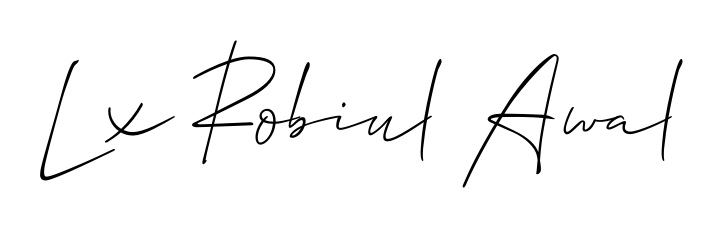 A sleek calligraphic signature for name Lx Robiul Awal utilizing Allison_Script styling. Great for adding personal signatures to photos and art. Lx Robiul Awal signature style 2 images and pictures png