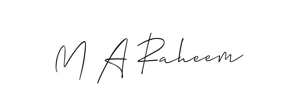 The best way (Allison_Script) to make a short signature is to pick only two or three words in your name. The name M A Raheem include a total of six letters. For converting this name. M A Raheem signature style 2 images and pictures png