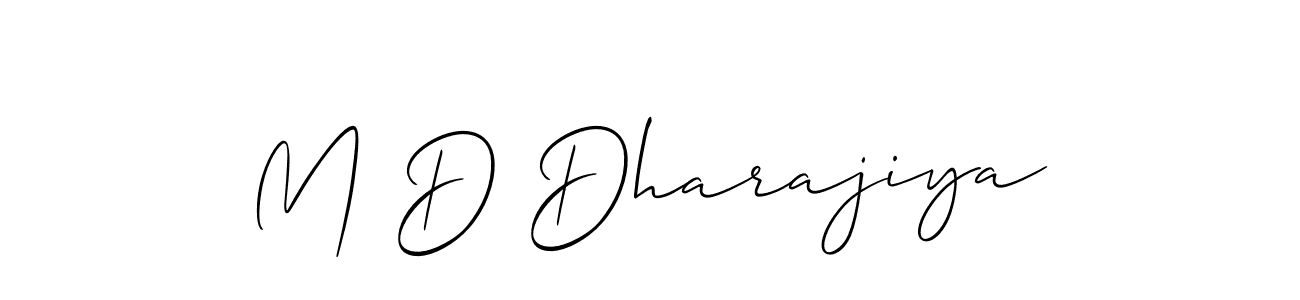 The best way (Allison_Script) to make a short signature is to pick only two or three words in your name. The name M D Dharajiya include a total of six letters. For converting this name. M D Dharajiya signature style 2 images and pictures png