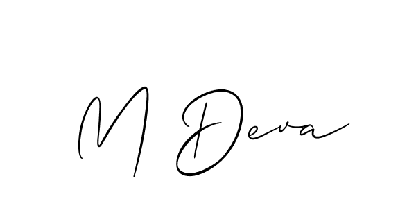 The best way (Allison_Script) to make a short signature is to pick only two or three words in your name. The name M Deva include a total of six letters. For converting this name. M Deva signature style 2 images and pictures png