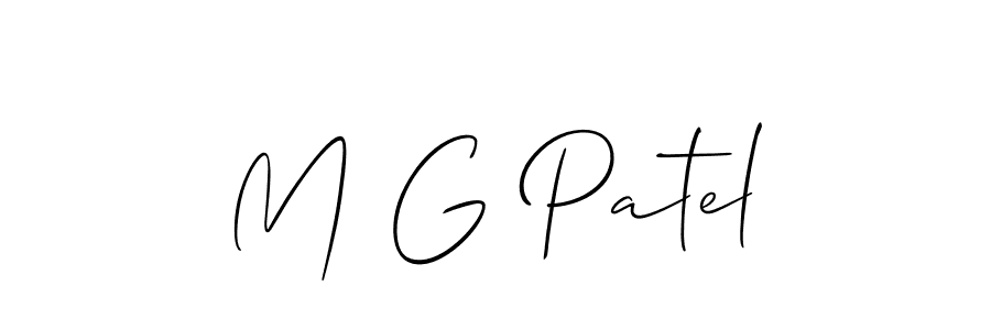 The best way (Allison_Script) to make a short signature is to pick only two or three words in your name. The name M G Patel include a total of six letters. For converting this name. M G Patel signature style 2 images and pictures png