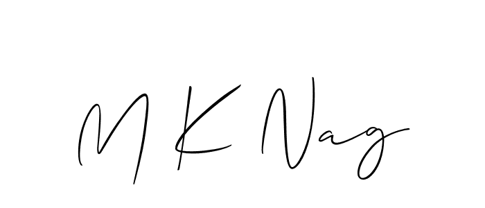 The best way (Allison_Script) to make a short signature is to pick only two or three words in your name. The name M K Nag include a total of six letters. For converting this name. M K Nag signature style 2 images and pictures png