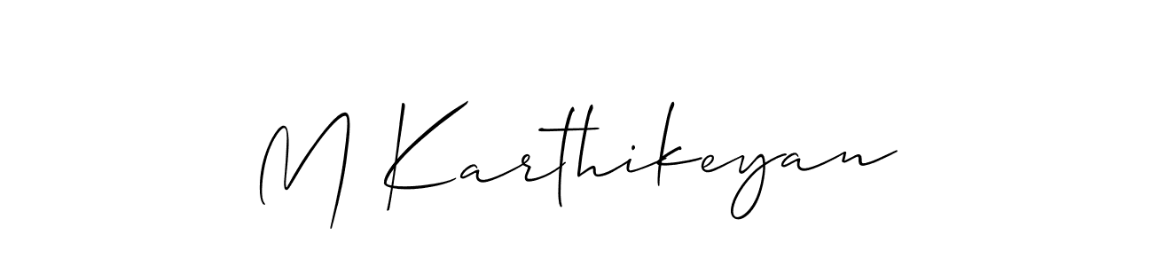 The best way (Allison_Script) to make a short signature is to pick only two or three words in your name. The name M Karthikeyan include a total of six letters. For converting this name. M Karthikeyan signature style 2 images and pictures png