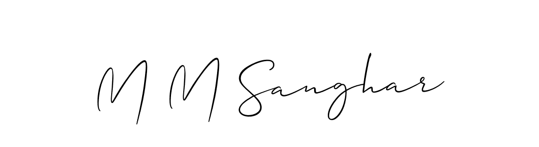 The best way (Allison_Script) to make a short signature is to pick only two or three words in your name. The name M M Sanghar include a total of six letters. For converting this name. M M Sanghar signature style 2 images and pictures png