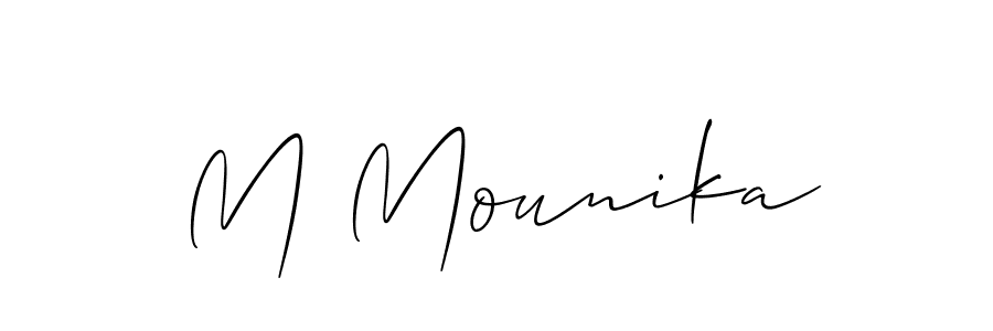 The best way (Allison_Script) to make a short signature is to pick only two or three words in your name. The name M Mounika include a total of six letters. For converting this name. M Mounika signature style 2 images and pictures png