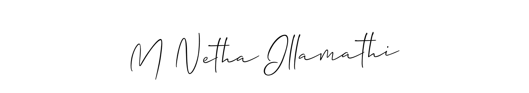 The best way (Allison_Script) to make a short signature is to pick only two or three words in your name. The name M Netha Illamathi include a total of six letters. For converting this name. M Netha Illamathi signature style 2 images and pictures png