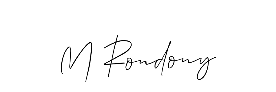 The best way (Allison_Script) to make a short signature is to pick only two or three words in your name. The name M Rondony include a total of six letters. For converting this name. M Rondony signature style 2 images and pictures png