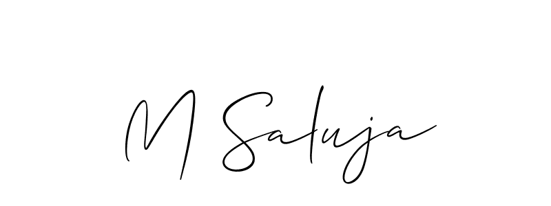 The best way (Allison_Script) to make a short signature is to pick only two or three words in your name. The name M Saluja include a total of six letters. For converting this name. M Saluja signature style 2 images and pictures png
