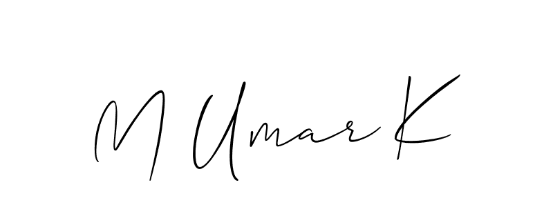 The best way (Allison_Script) to make a short signature is to pick only two or three words in your name. The name M Umar K include a total of six letters. For converting this name. M Umar K signature style 2 images and pictures png