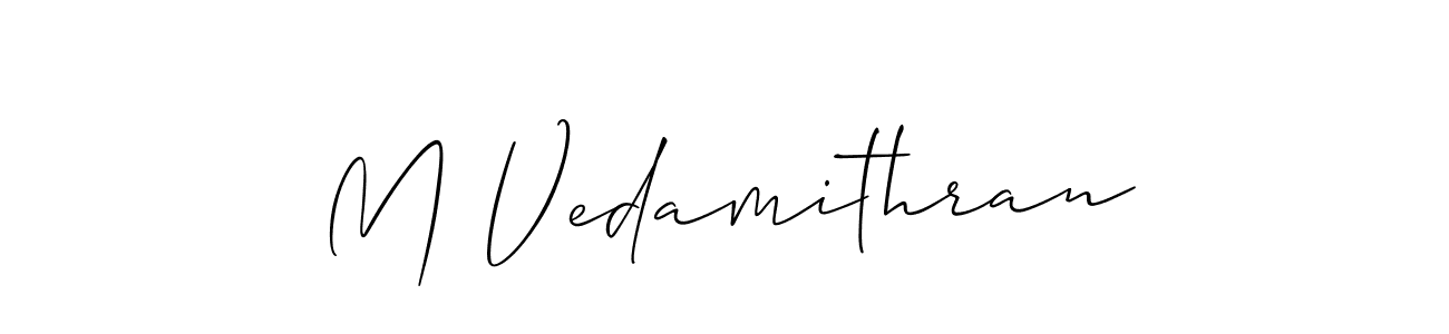 if you are searching for the best signature style for your name M Vedamithran. so please give up your signature search. here we have designed multiple signature styles  using Allison_Script. M Vedamithran signature style 2 images and pictures png