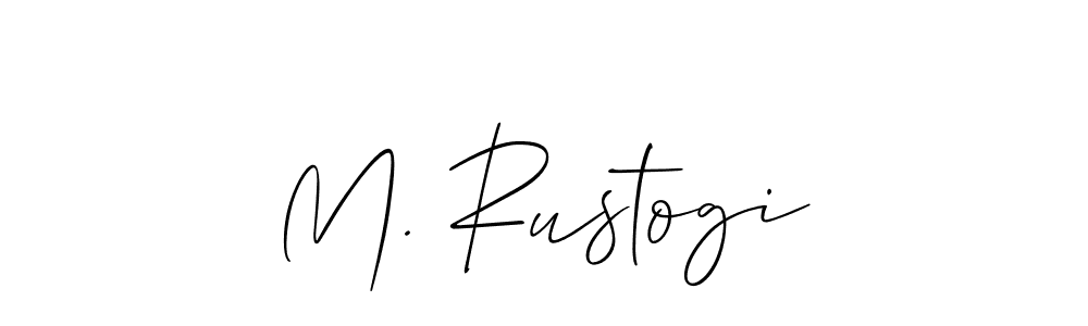 The best way (Allison_Script) to make a short signature is to pick only two or three words in your name. The name M. Rustogi include a total of six letters. For converting this name. M. Rustogi signature style 2 images and pictures png