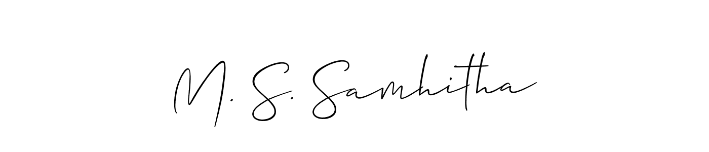 You should practise on your own different ways (Allison_Script) to write your name (M. S. Samhitha) in signature. don't let someone else do it for you. M. S. Samhitha signature style 2 images and pictures png