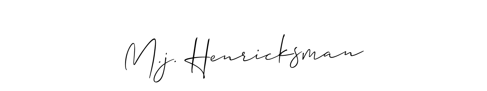 How to make M.j. Henricksman name signature. Use Allison_Script style for creating short signs online. This is the latest handwritten sign. M.j. Henricksman signature style 2 images and pictures png