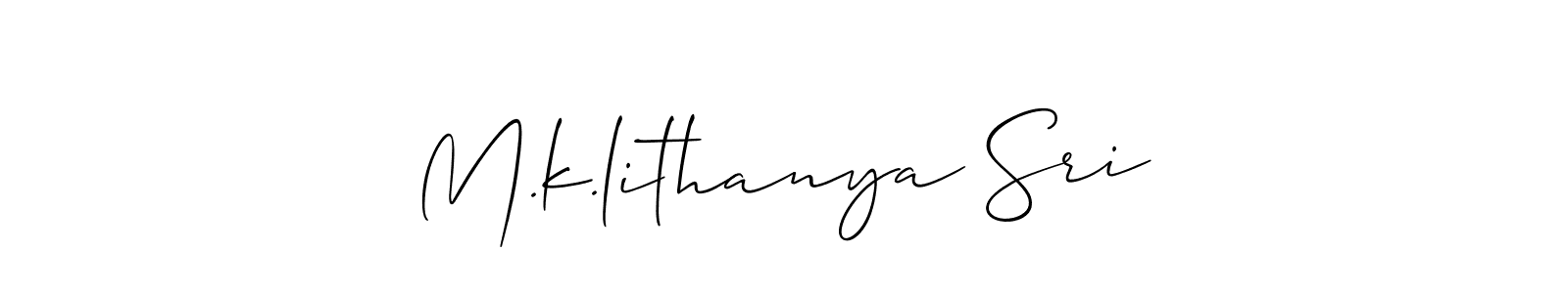 Also You can easily find your signature by using the search form. We will create M.k.lithanya Sri name handwritten signature images for you free of cost using Allison_Script sign style. M.k.lithanya Sri signature style 2 images and pictures png