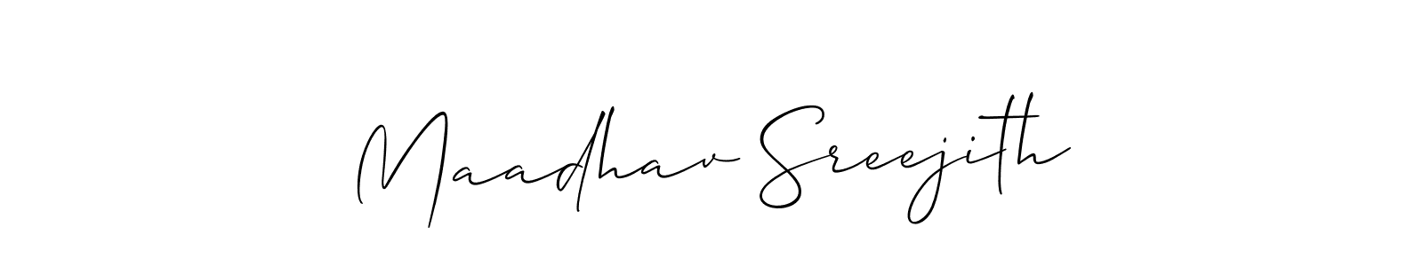 You should practise on your own different ways (Allison_Script) to write your name (Maadhav Sreejith) in signature. don't let someone else do it for you. Maadhav Sreejith signature style 2 images and pictures png