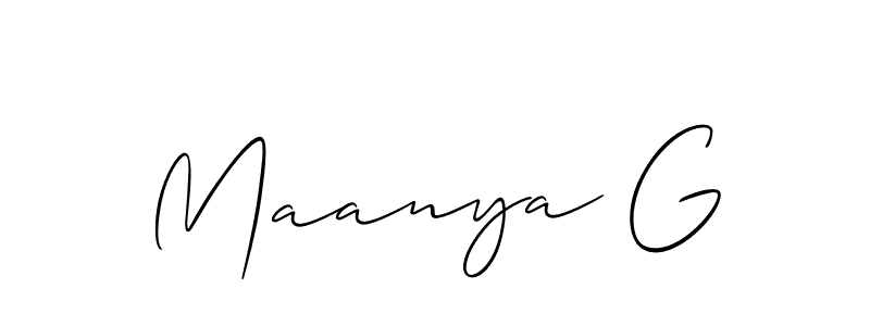 The best way (Allison_Script) to make a short signature is to pick only two or three words in your name. The name Maanya G include a total of six letters. For converting this name. Maanya G signature style 2 images and pictures png