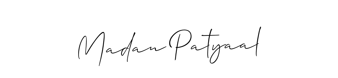 The best way (Allison_Script) to make a short signature is to pick only two or three words in your name. The name Madan Patyaal include a total of six letters. For converting this name. Madan Patyaal signature style 2 images and pictures png