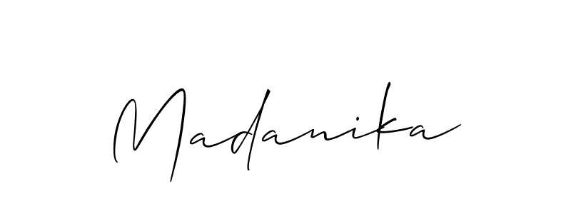 Allison_Script is a professional signature style that is perfect for those who want to add a touch of class to their signature. It is also a great choice for those who want to make their signature more unique. Get Madanika name to fancy signature for free. Madanika signature style 2 images and pictures png