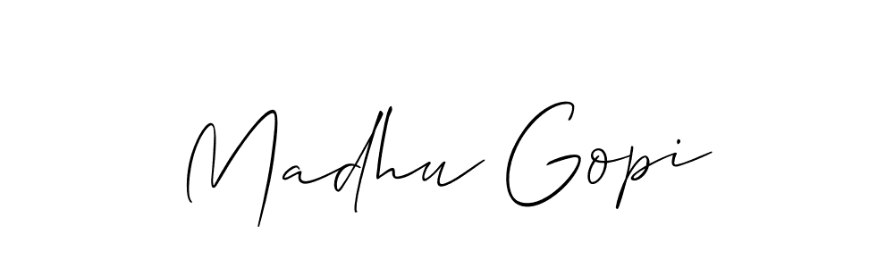 You should practise on your own different ways (Allison_Script) to write your name (Madhu Gopi) in signature. don't let someone else do it for you. Madhu Gopi signature style 2 images and pictures png