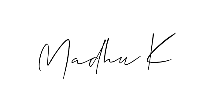 Make a short Madhu K signature style. Manage your documents anywhere anytime using Allison_Script. Create and add eSignatures, submit forms, share and send files easily. Madhu K signature style 2 images and pictures png