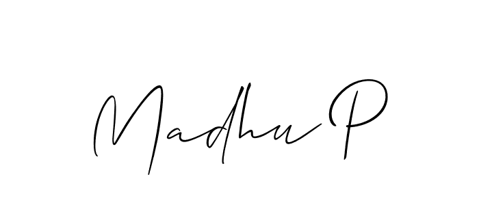 It looks lik you need a new signature style for name Madhu P. Design unique handwritten (Allison_Script) signature with our free signature maker in just a few clicks. Madhu P signature style 2 images and pictures png