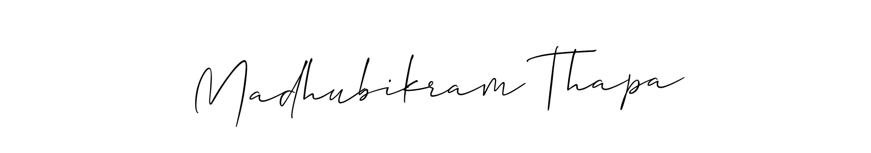 The best way (Allison_Script) to make a short signature is to pick only two or three words in your name. The name Madhubikram Thapa include a total of six letters. For converting this name. Madhubikram Thapa signature style 2 images and pictures png