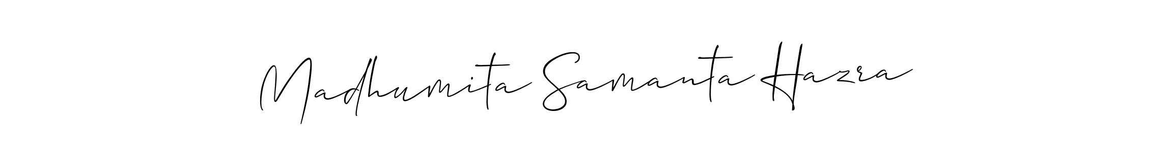 The best way (Allison_Script) to make a short signature is to pick only two or three words in your name. The name Madhumita Samanta Hazra include a total of six letters. For converting this name. Madhumita Samanta Hazra signature style 2 images and pictures png