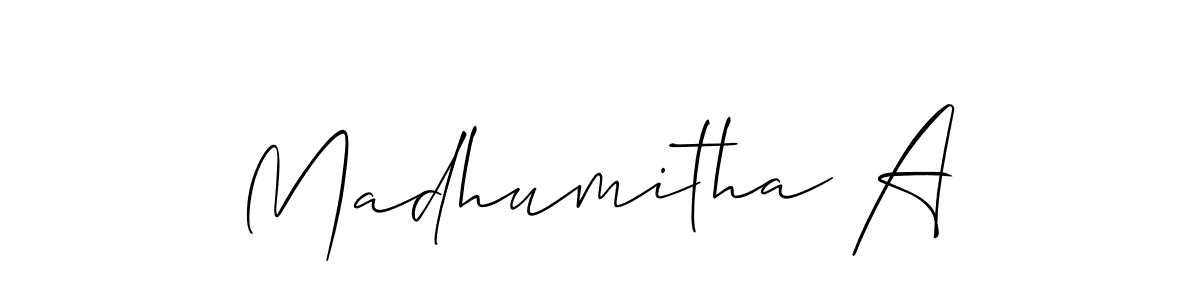 Make a short Madhumitha A signature style. Manage your documents anywhere anytime using Allison_Script. Create and add eSignatures, submit forms, share and send files easily. Madhumitha A signature style 2 images and pictures png