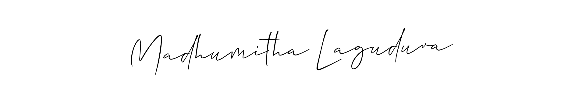 You should practise on your own different ways (Allison_Script) to write your name (Madhumitha Laguduva) in signature. don't let someone else do it for you. Madhumitha Laguduva signature style 2 images and pictures png