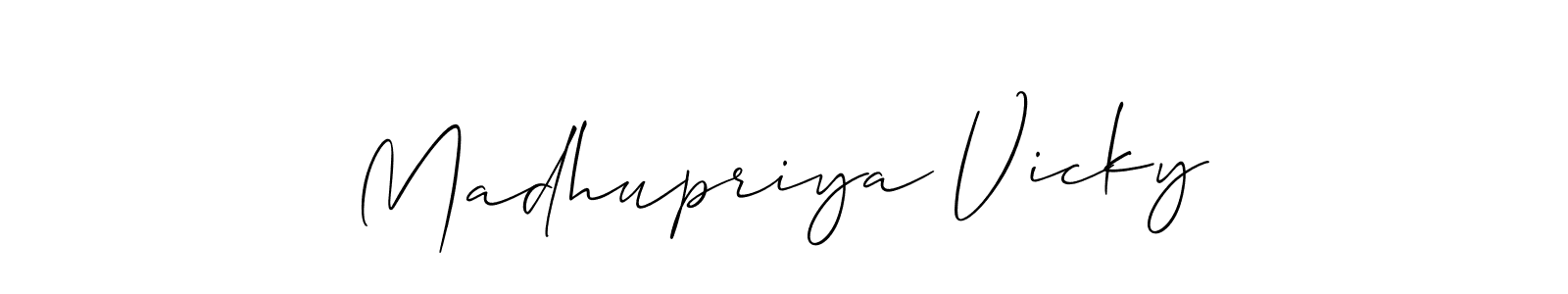 How to make Madhupriya Vicky name signature. Use Allison_Script style for creating short signs online. This is the latest handwritten sign. Madhupriya Vicky signature style 2 images and pictures png