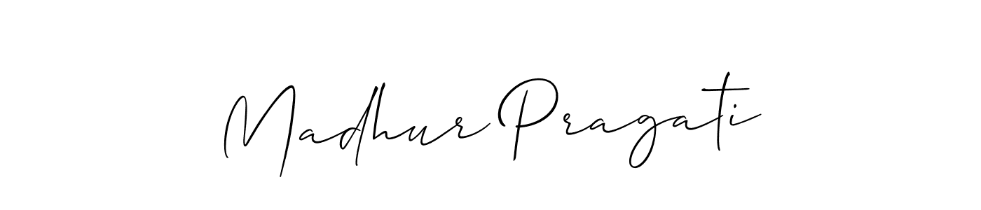 The best way (Allison_Script) to make a short signature is to pick only two or three words in your name. The name Madhur Pragati include a total of six letters. For converting this name. Madhur Pragati signature style 2 images and pictures png