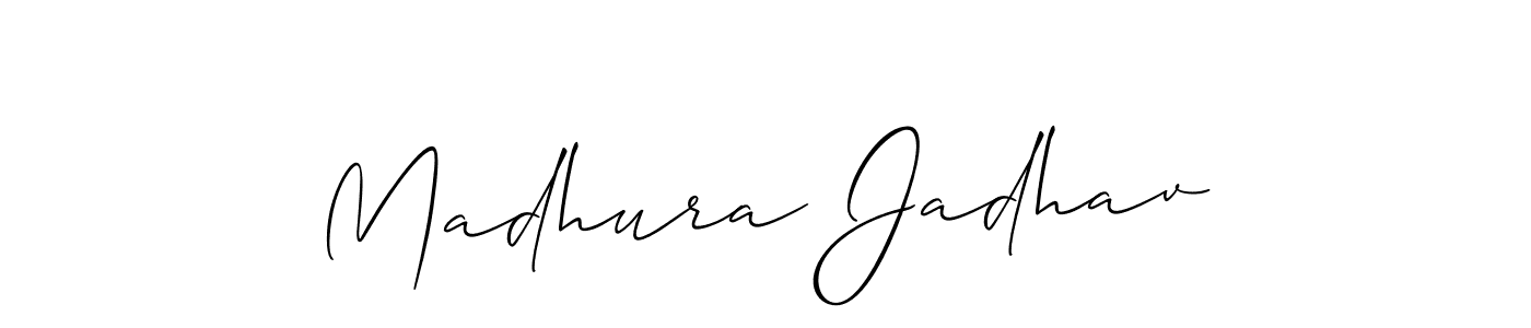 This is the best signature style for the Madhura Jadhav name. Also you like these signature font (Allison_Script). Mix name signature. Madhura Jadhav signature style 2 images and pictures png