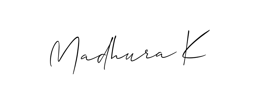 The best way (Allison_Script) to make a short signature is to pick only two or three words in your name. The name Madhura K include a total of six letters. For converting this name. Madhura K signature style 2 images and pictures png