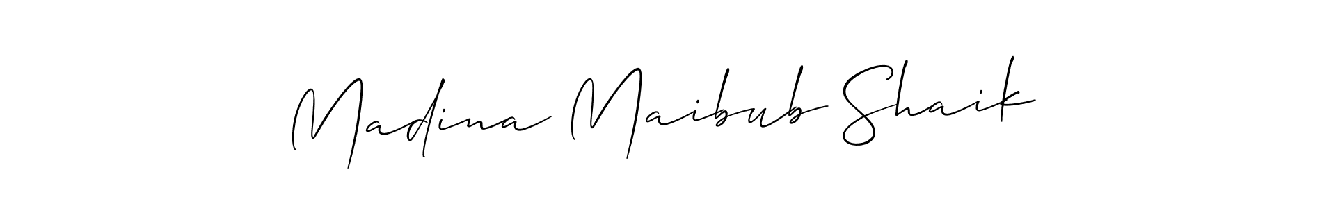 You should practise on your own different ways (Allison_Script) to write your name (Madina Maibub Shaik) in signature. don't let someone else do it for you. Madina Maibub Shaik signature style 2 images and pictures png