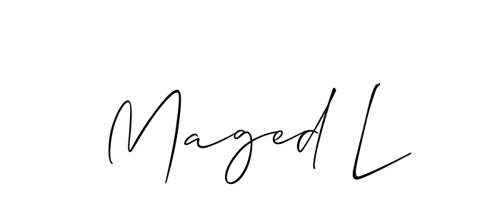 if you are searching for the best signature style for your name Maged L. so please give up your signature search. here we have designed multiple signature styles  using Allison_Script. Maged L signature style 2 images and pictures png