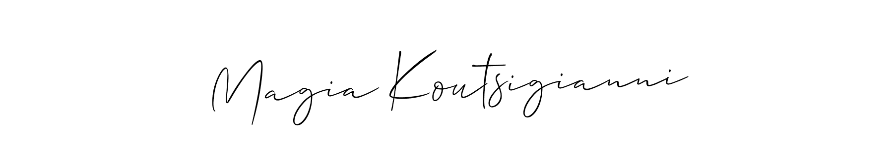 The best way (Allison_Script) to make a short signature is to pick only two or three words in your name. The name Magia Koutsigianni include a total of six letters. For converting this name. Magia Koutsigianni signature style 2 images and pictures png