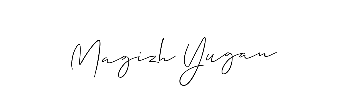 Also You can easily find your signature by using the search form. We will create Magizh Yugan name handwritten signature images for you free of cost using Allison_Script sign style. Magizh Yugan signature style 2 images and pictures png