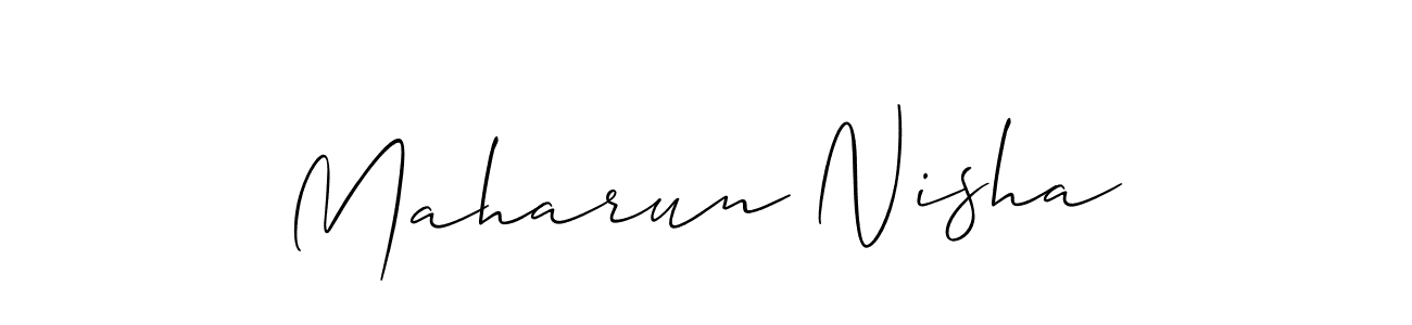 The best way (Allison_Script) to make a short signature is to pick only two or three words in your name. The name Maharun Nisha include a total of six letters. For converting this name. Maharun Nisha signature style 2 images and pictures png