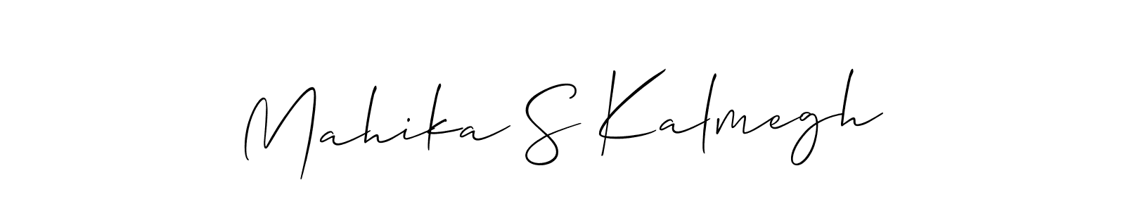 The best way (Allison_Script) to make a short signature is to pick only two or three words in your name. The name Mahika S Kalmegh include a total of six letters. For converting this name. Mahika S Kalmegh signature style 2 images and pictures png