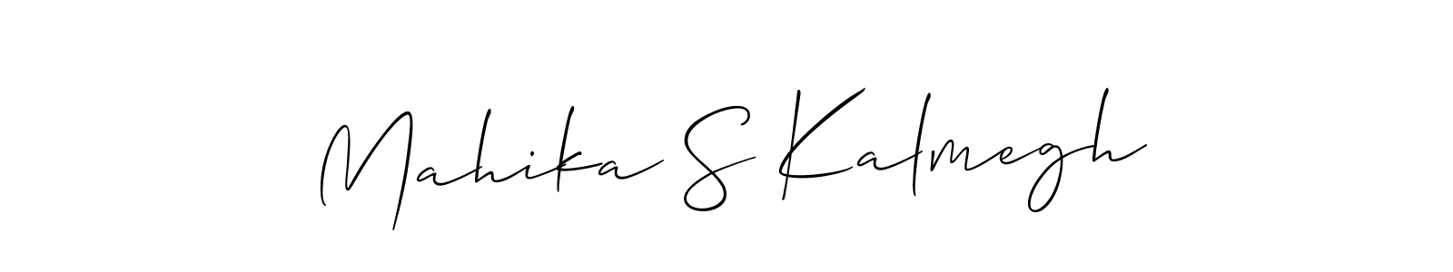 The best way (Allison_Script) to make a short signature is to pick only two or three words in your name. The name Mahika S Kalmegh include a total of six letters. For converting this name. Mahika S Kalmegh signature style 2 images and pictures png