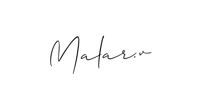 The best way (Allison_Script) to make a short signature is to pick only two or three words in your name. The name Malar.v include a total of six letters. For converting this name. Malar.v signature style 2 images and pictures png