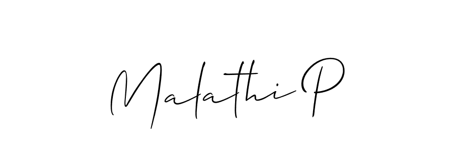 It looks lik you need a new signature style for name Malathi P. Design unique handwritten (Allison_Script) signature with our free signature maker in just a few clicks. Malathi P signature style 2 images and pictures png