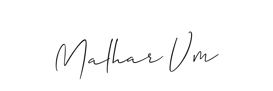 It looks lik you need a new signature style for name Malhar Vm. Design unique handwritten (Allison_Script) signature with our free signature maker in just a few clicks. Malhar Vm signature style 2 images and pictures png