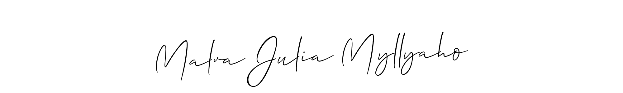 The best way (Allison_Script) to make a short signature is to pick only two or three words in your name. The name Malva Julia Myllyaho include a total of six letters. For converting this name. Malva Julia Myllyaho signature style 2 images and pictures png