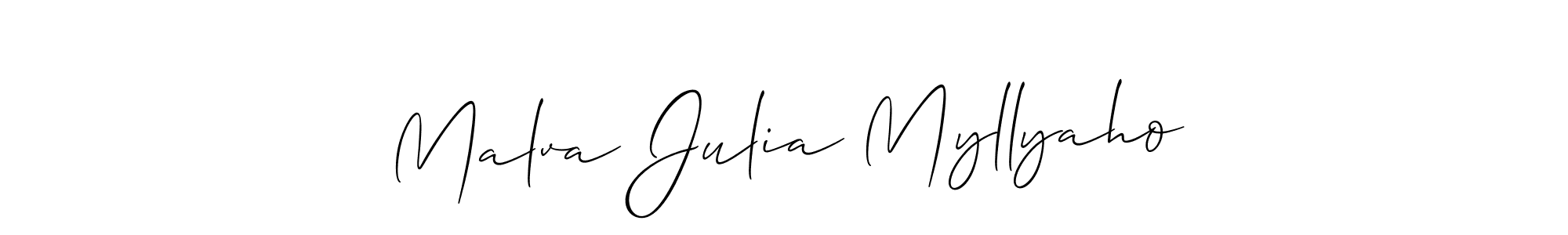 The best way (Allison_Script) to make a short signature is to pick only two or three words in your name. The name Malva Julia Myllyaho include a total of six letters. For converting this name. Malva Julia Myllyaho signature style 2 images and pictures png