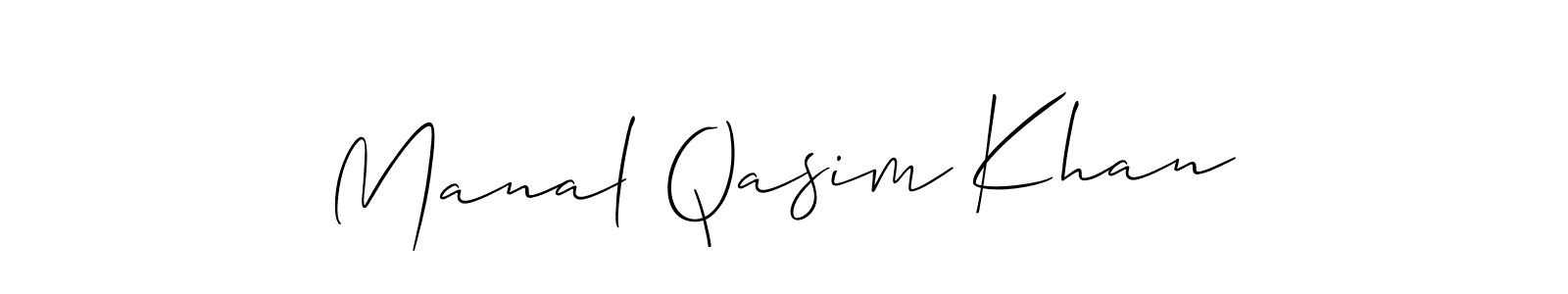 You should practise on your own different ways (Allison_Script) to write your name (Manal Qasim Khan) in signature. don't let someone else do it for you. Manal Qasim Khan signature style 2 images and pictures png