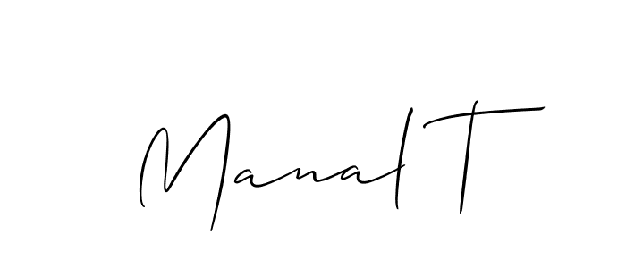 if you are searching for the best signature style for your name Manal T. so please give up your signature search. here we have designed multiple signature styles  using Allison_Script. Manal T signature style 2 images and pictures png